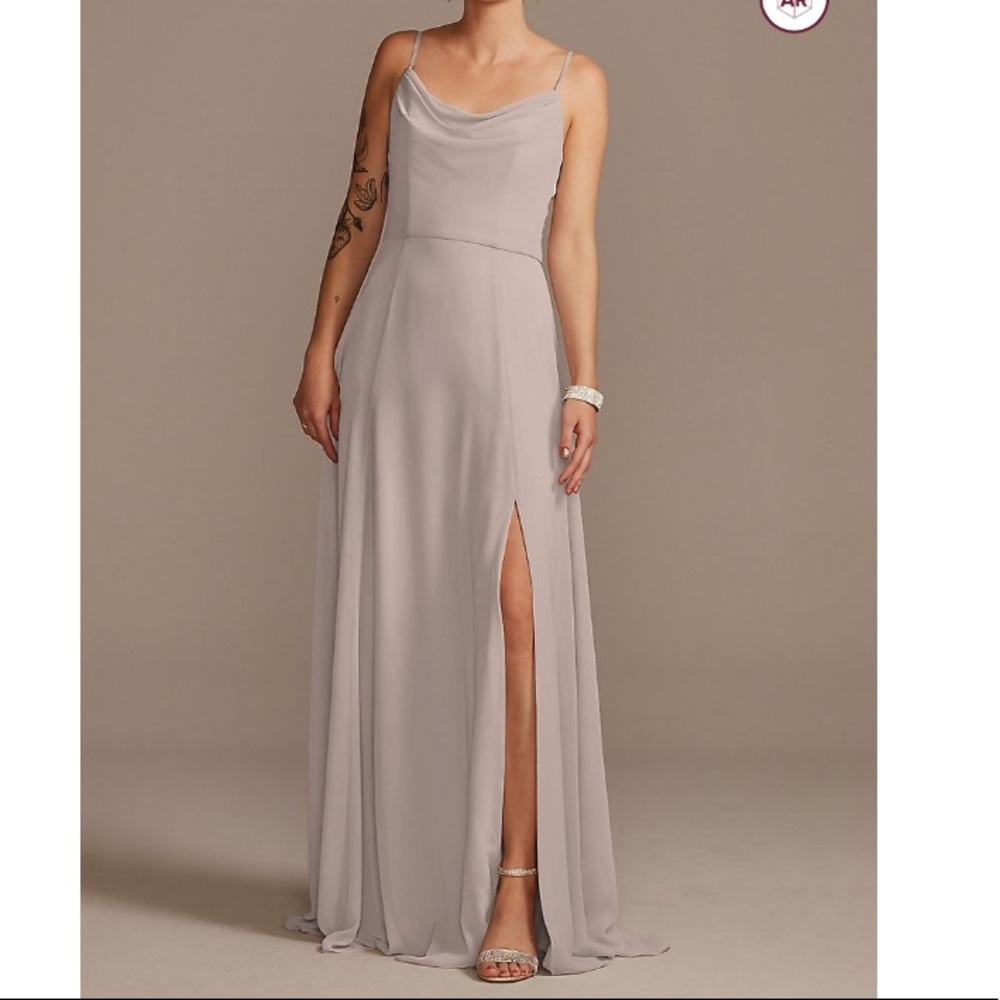 Cowl Neck Chiffon Bridesmaid Dress with Slit in Biscotti
